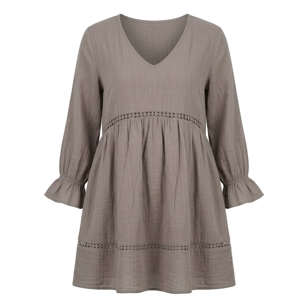NEW Vanessa Zani Italy LARGE Taupe Cotton Gauze Dress Crochet Trim‎ - AC